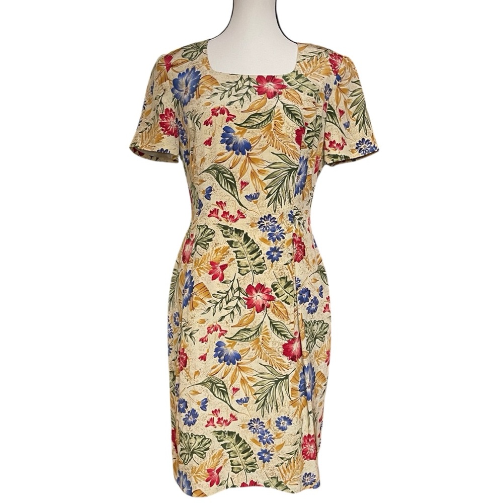 Maggy London Cream Tropical Floral Midi Dress with Red & Blue Blooms